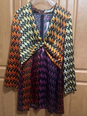 Zara Bold Geometric V-Neck Mini Dress in Orange, Yellow & Purple